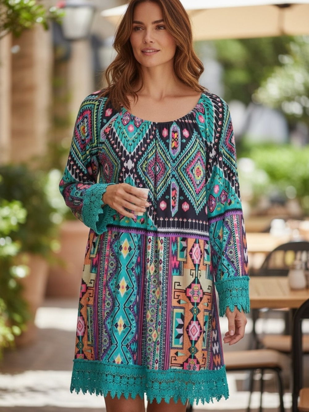 2B together Multicolor Geometric Print Lace Trim Swing Dress Bell Sleeve M